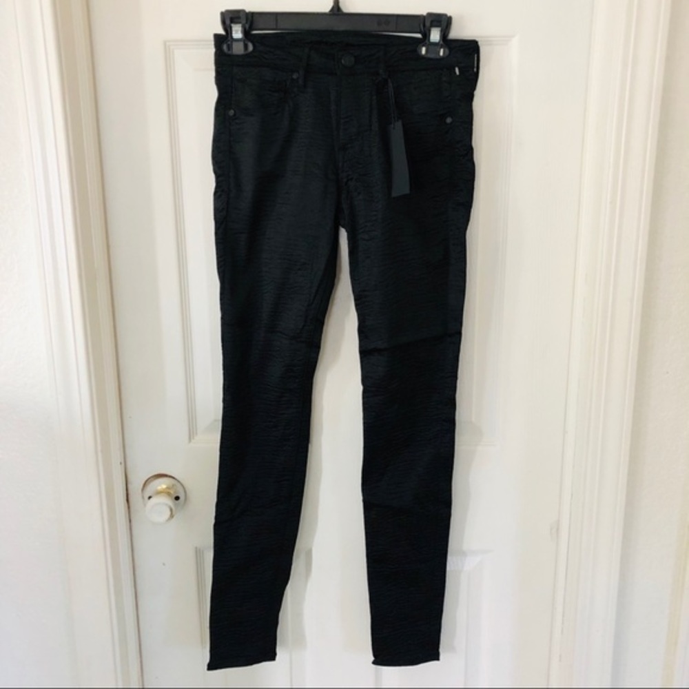 NWT DAVID BITTON black silky satin ruffle scrunched skinny pants size 27